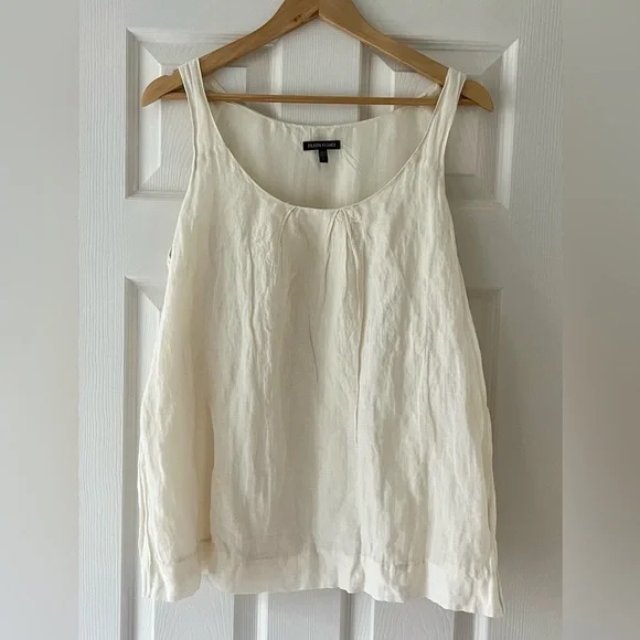 Eileen Fisher Silk Lined Cotton Tank Ivory Pleated Scoop Neck Lightweight L NWOT - Picture 2 of 6